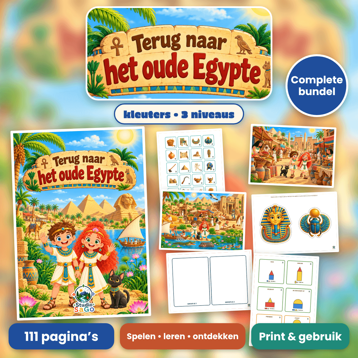 De complete bundel Terug naar het oude Egypte voor kleuters: 111 pagina's in drie niveaus